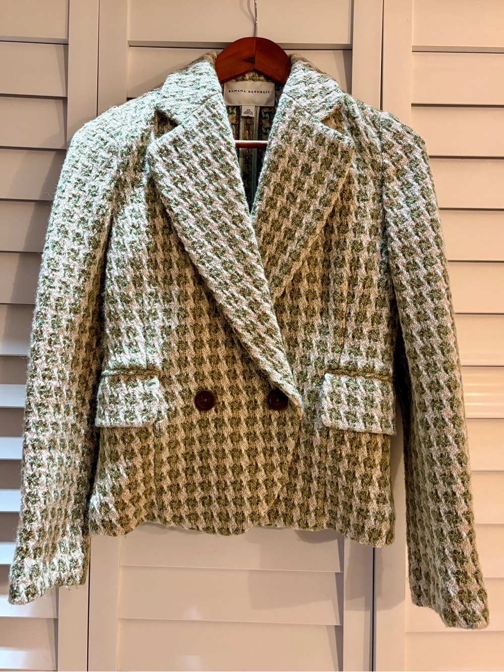 Banana Republic Green and White Tweed Double-Breasted Blazer